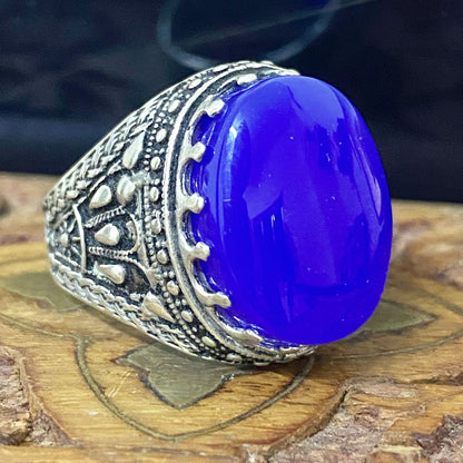 Massive 925 Sterling Silver Men's Ring - Handcrafted Natural Yemeni Blue Agate Aqeeq Middle Eastern Fine Jewelry