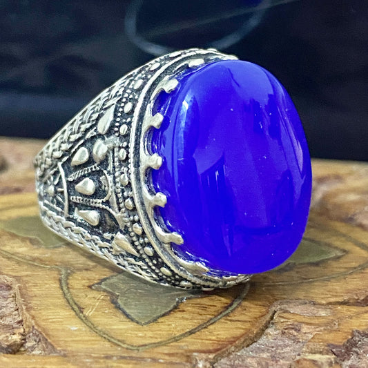 Massive 925 Sterling Silver Men's Ring - Handcrafted Natural Yemeni Blue Agate Aqeeq Middle Eastern Fine Jewelry
