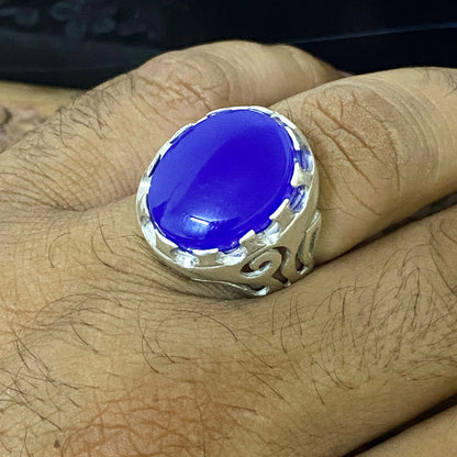 Massive 925 Sterling Silver Men's Ring - Handcrafted Natural Yemeni Blue Agate Aqeeq Middle Eastern Fine Jewelry