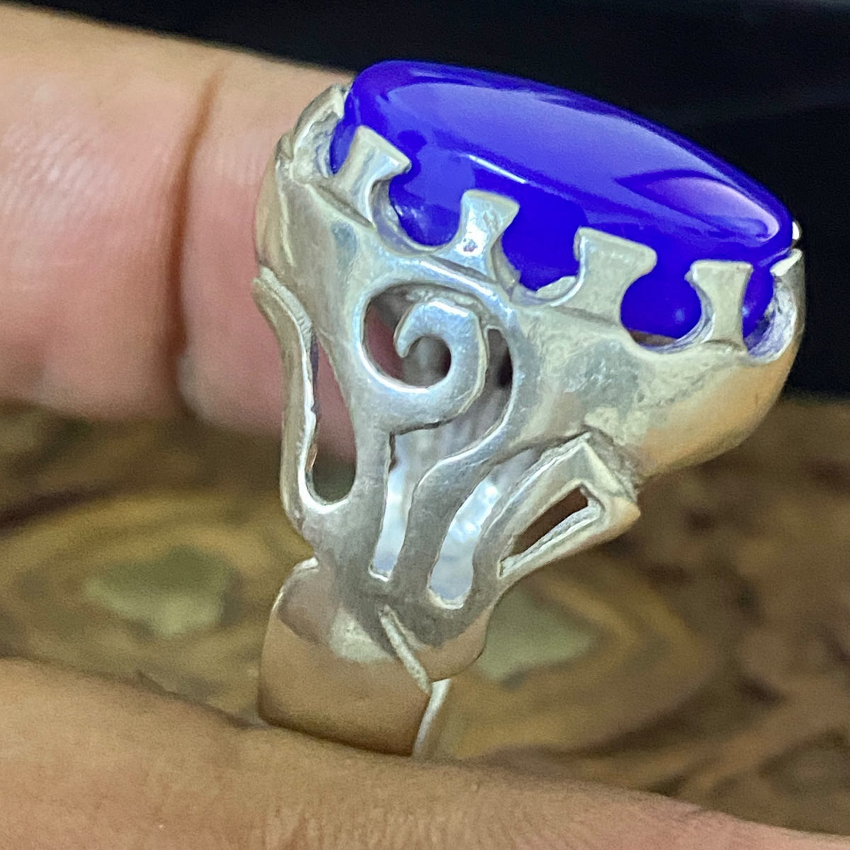 Massive 925 Sterling Silver Men's Ring - Handcrafted Natural Yemeni Blue Agate Aqeeq Middle Eastern Fine Jewelry
