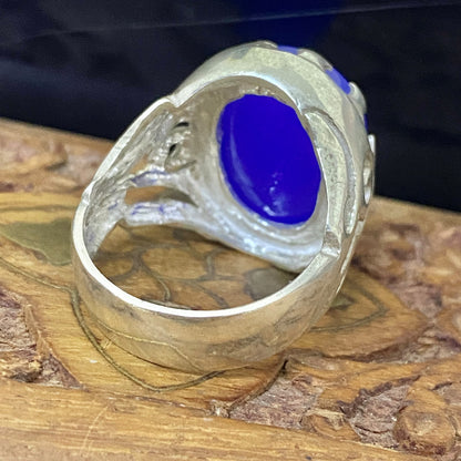 Massive 925 Sterling Silver Men's Ring - Handcrafted Natural Yemeni Blue Agate Aqeeq Middle Eastern Fine Jewelry