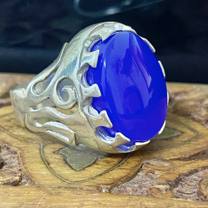 Massive 925 Sterling Silver Men's Ring - Handcrafted Natural Yemeni Blue Agate Aqeeq Middle Eastern Fine Jewelry
