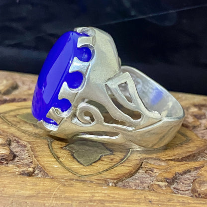 Massive 925 Sterling Silver Men's Ring - Handcrafted Natural Yemeni Blue Agate Aqeeq Middle Eastern Fine Jewelry
