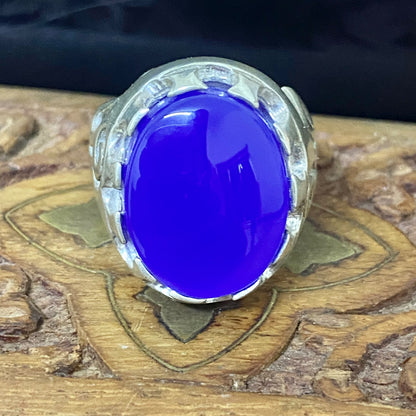 Massive 925 Sterling Silver Men's Ring - Handcrafted Natural Yemeni Blue Agate Aqeeq Middle Eastern Fine Jewelry