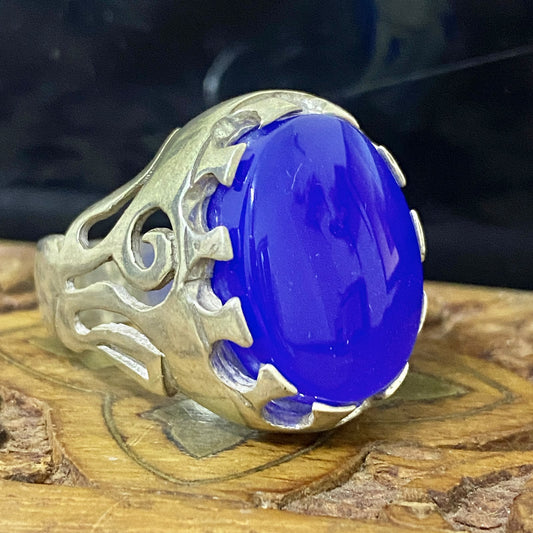 Massive 925 Sterling Silver Men's Ring - Handcrafted Natural Yemeni Blue Agate Aqeeq Middle Eastern Fine Jewelry