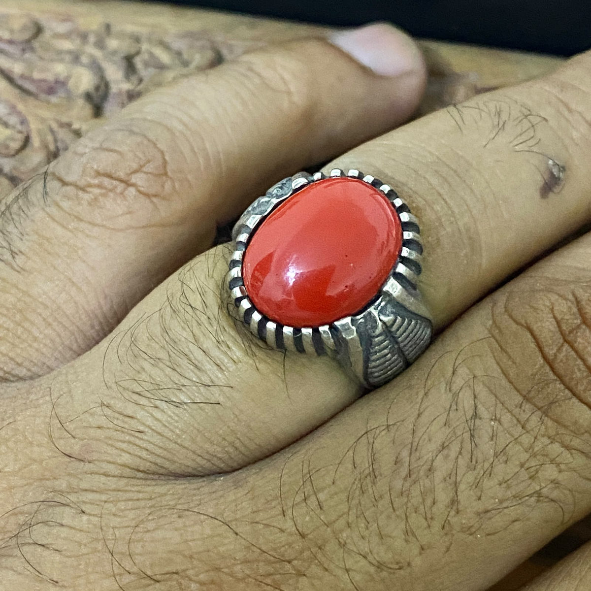 Handcrafted 925 Sterling Silver Men’s Ring – Middle Eastern Natural Red Coral & Aqeeq | Luxury Heritage Fine Jewelry