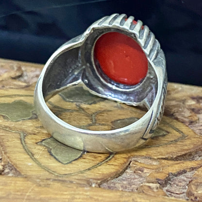 Handcrafted 925 Sterling Silver Men’s Ring – Middle Eastern Natural Red Coral & Aqeeq | Luxury Heritage Fine Jewelry