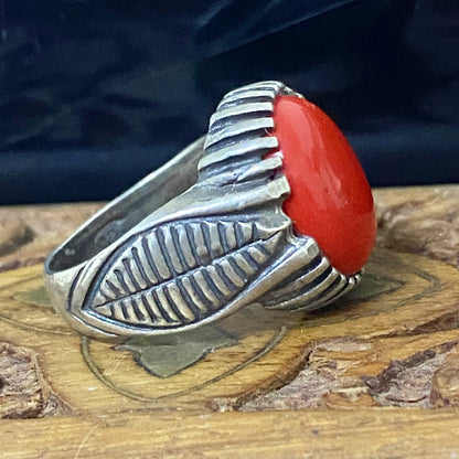 Handcrafted 925 Sterling Silver Men’s Ring – Middle Eastern Natural Red Coral & Aqeeq | Luxury Heritage Fine Jewelry