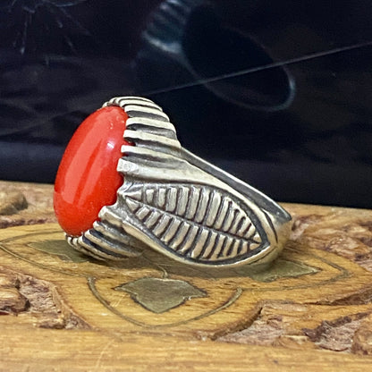 Handcrafted 925 Sterling Silver Men’s Ring – Middle Eastern Natural Red Coral & Aqeeq | Luxury Heritage Fine Jewelry