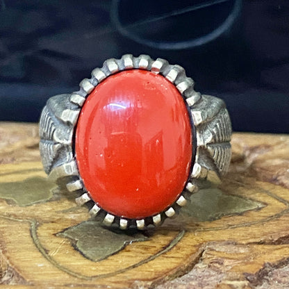 Handcrafted 925 Sterling Silver Men’s Ring – Middle Eastern Natural Red Coral & Aqeeq | Luxury Heritage Fine Jewelry