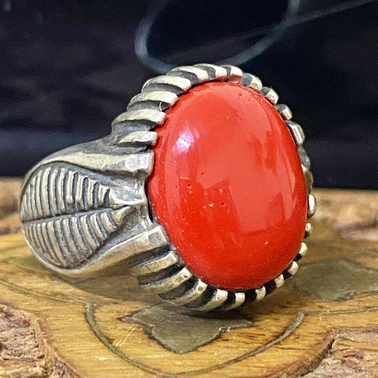 Handcrafted 925 Sterling Silver Men’s Ring – Middle Eastern Natural Red Coral & Aqeeq | Luxury Heritage Fine Jewelry