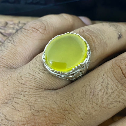 Handmade Natural Yemeni Yellow Sharaf Shams Agate Aqeeq Men's Ring, Solid 925 Sterling Silver, Vintage Style Fine Jewelry, Middle Eastern Artisan Craftsmanship