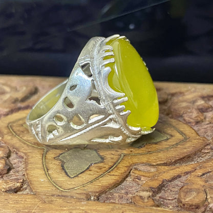 Handmade Natural Yemeni Yellow Sharaf Shams Agate Aqeeq Men's Ring, Solid 925 Sterling Silver, Vintage Style Fine Jewelry, Middle Eastern Artisan Craftsmanship