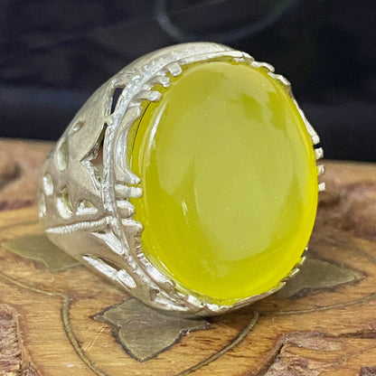 Handmade Natural Yemeni Yellow Sharaf Shams Agate Aqeeq Men's Ring, Solid 925 Sterling Silver, Vintage Style Fine Jewelry, Middle Eastern Artisan Craftsmanship
