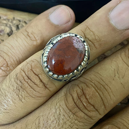 Luxury Natural Yemeni Blood Red Agate Aqeeq Men's Ring, Solid 925 Sterling Silver, Vintage Style Fine Jewelry, Middle Eastern Artisan Craftsmanship