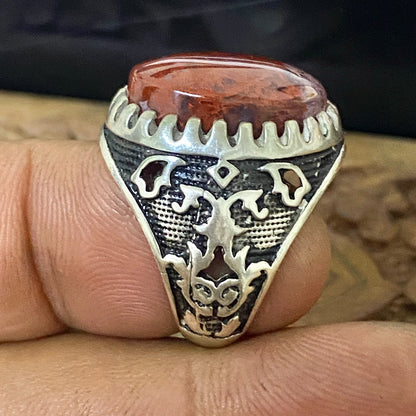 Luxury Natural Yemeni Blood Red Agate Aqeeq Men's Ring, Solid 925 Sterling Silver, Vintage Style Fine Jewelry, Middle Eastern Artisan Craftsmanship