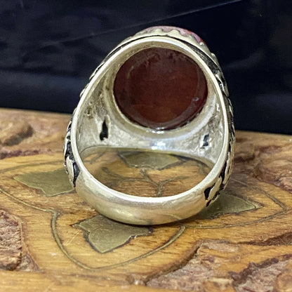 Luxury Natural Yemeni Blood Red Agate Aqeeq Men's Ring, Solid 925 Sterling Silver, Vintage Style Fine Jewelry, Middle Eastern Artisan Craftsmanship
