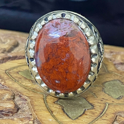 Luxury Natural Yemeni Blood Red Agate Aqeeq Men's Ring, Solid 925 Sterling Silver, Vintage Style Fine Jewelry, Middle Eastern Artisan Craftsmanship