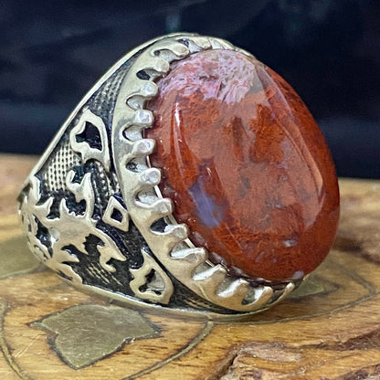 Luxury Natural Yemeni Blood Red Agate Aqeeq Men's Ring, Solid 925 Sterling Silver, Vintage Style Fine Jewelry, Middle Eastern Artisan Craftsmanship