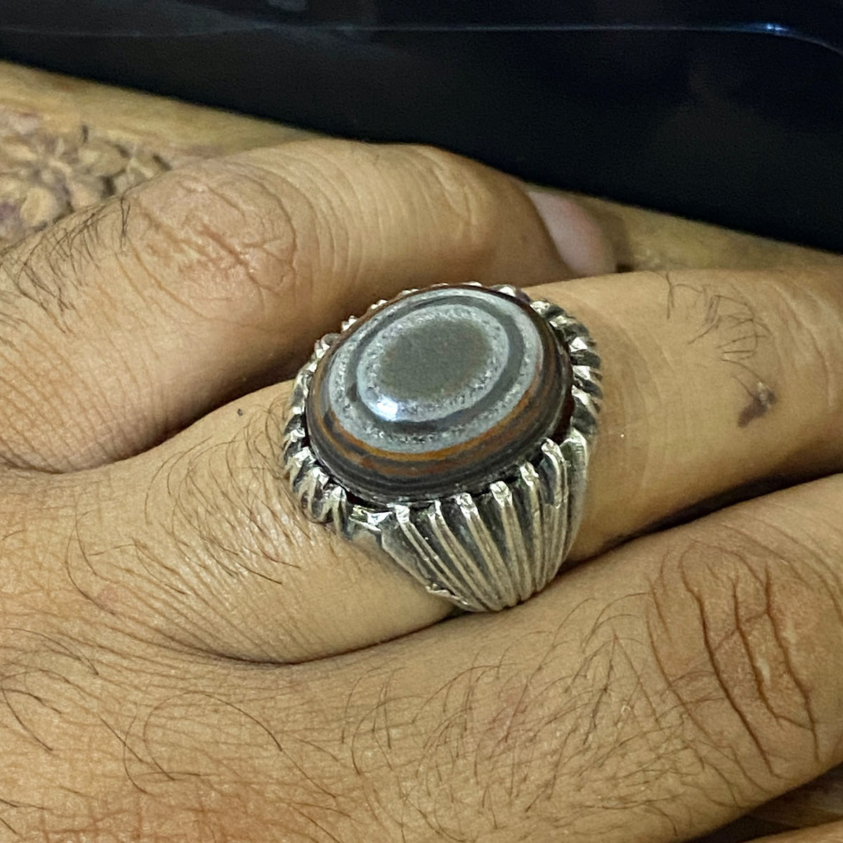 Luxury Natural Yemeni Juzaz Aqeeq Men's Ring, Authentic Layered Banded Agate, Solid 925 Sterling Silver, Vintage Style Fine Jewelry, Middle Eastern Artisan Craftsmanship