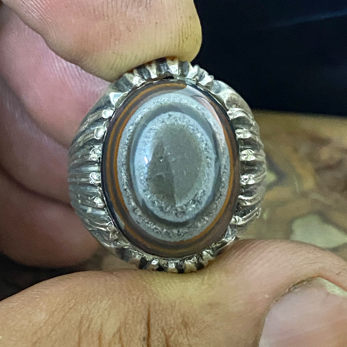 Luxury Natural Yemeni Juzaz Aqeeq Men's Ring, Authentic Layered Banded Agate, Solid 925 Sterling Silver, Vintage Style Fine Jewelry, Middle Eastern Artisan Craftsmanship