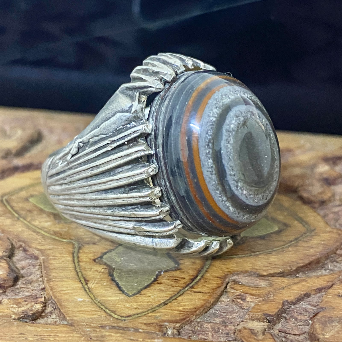 Luxury Natural Yemeni Juzaz Aqeeq Men's Ring, Authentic Layered Banded Agate, Solid 925 Sterling Silver, Vintage Style Fine Jewelry, Middle Eastern Artisan Craftsmanship