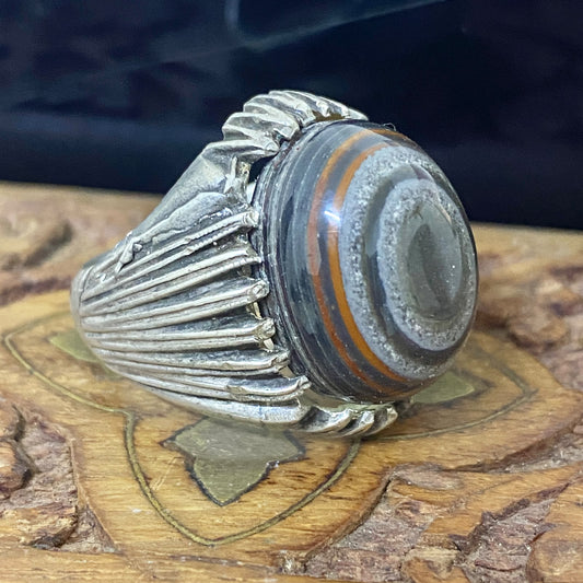 Luxury Natural Yemeni Juzaz Aqeeq Men's Ring, Authentic Layered Banded Agate, Solid 925 Sterling Silver, Vintage Style Fine Jewelry, Middle Eastern Artisan Craftsmanship