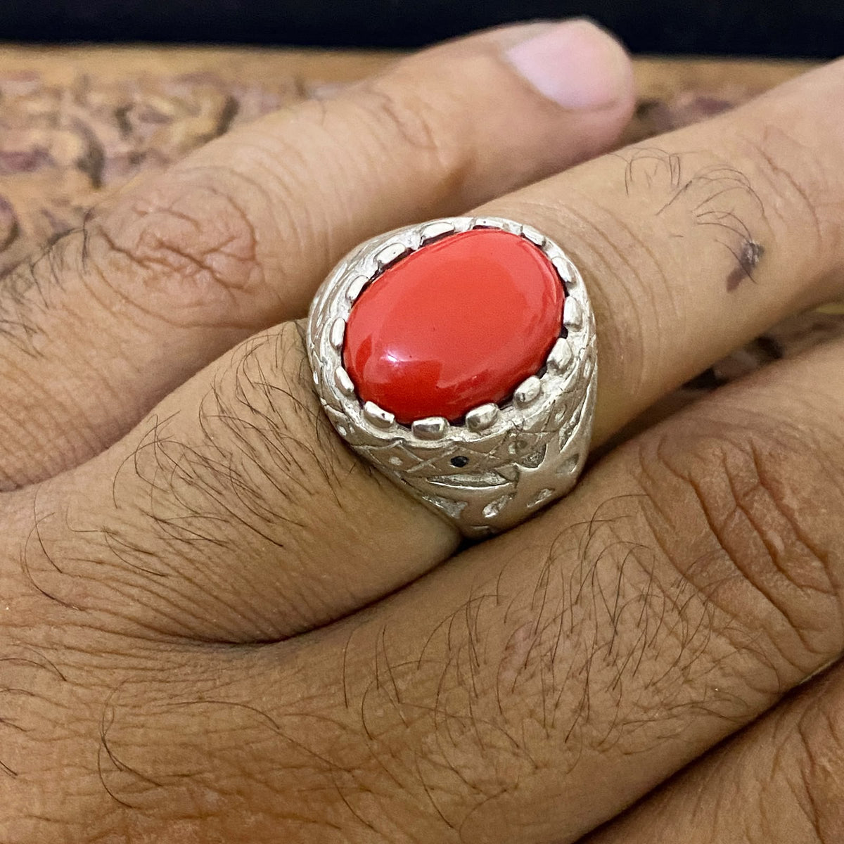 Massive 925 Sterling Silver Men's Ring - Handcrafted Natural Yemeni Red Coral Murjan Gemstone Middle Eastern Fine Jewelry