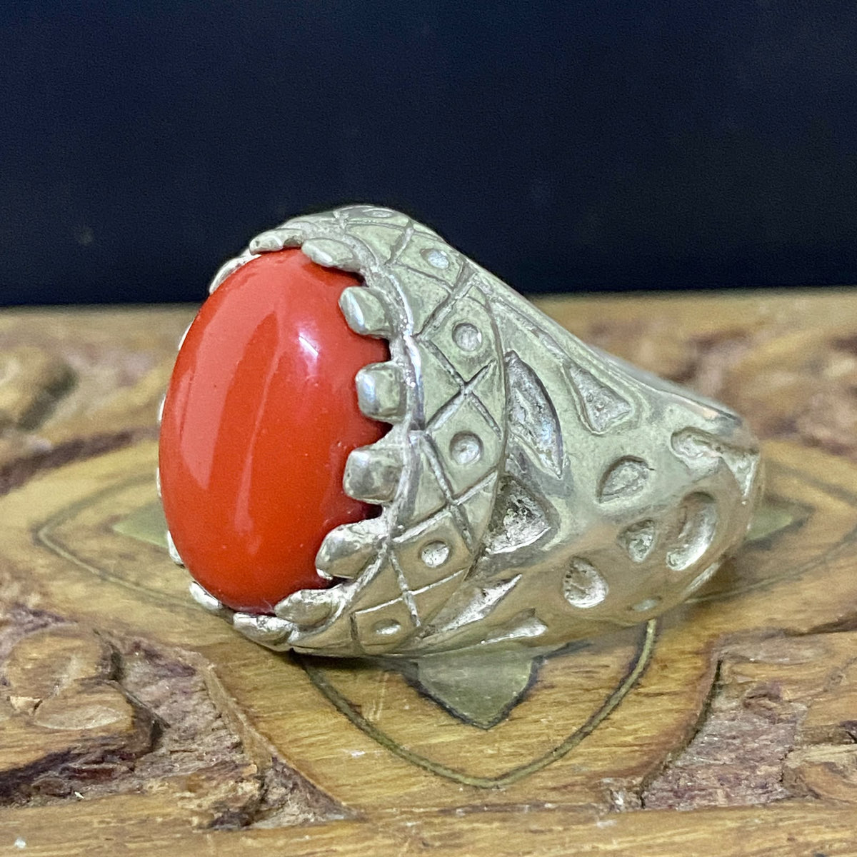Massive 925 Sterling Silver Men's Ring - Handcrafted Natural Yemeni Red Coral Murjan Gemstone Middle Eastern Fine Jewelry