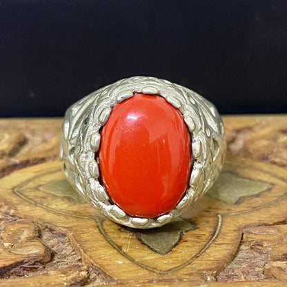 Massive 925 Sterling Silver Men's Ring - Handcrafted Natural Yemeni Red Coral Murjan Gemstone Middle Eastern Fine Jewelry