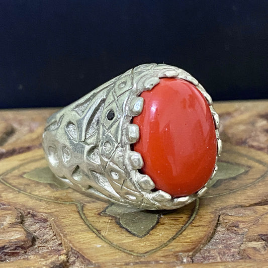 Massive 925 Sterling Silver Men's Ring - Handcrafted Natural Yemeni Red Coral Murjan Gemstone Middle Eastern Fine Jewelry