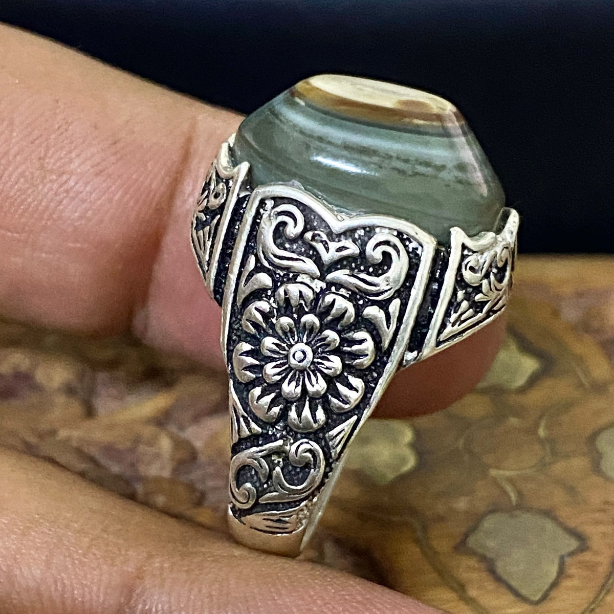 Natural Handcrafted 925 Sterling Silver Mens Ring Genuine Yemeni Baqirani Eye Aqate Gemstone Fine Jewelry Vintage Design