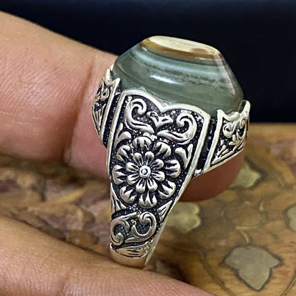 Natural Handcrafted 925 Sterling Silver Mens Ring Genuine Yemeni Baqirani Eye Aqate Gemstone Fine Jewelry Vintage Design