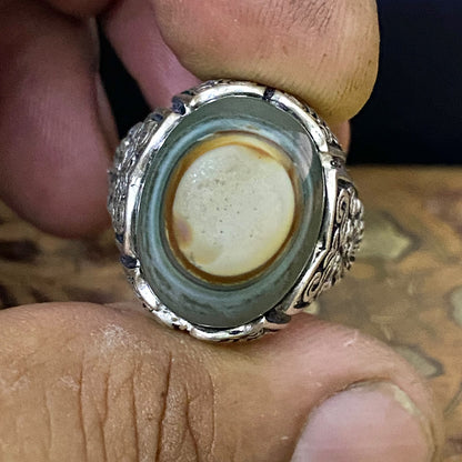 Natural Handcrafted 925 Sterling Silver Mens Ring Genuine Yemeni Baqirani Eye Aqate Gemstone Fine Jewelry Vintage Design