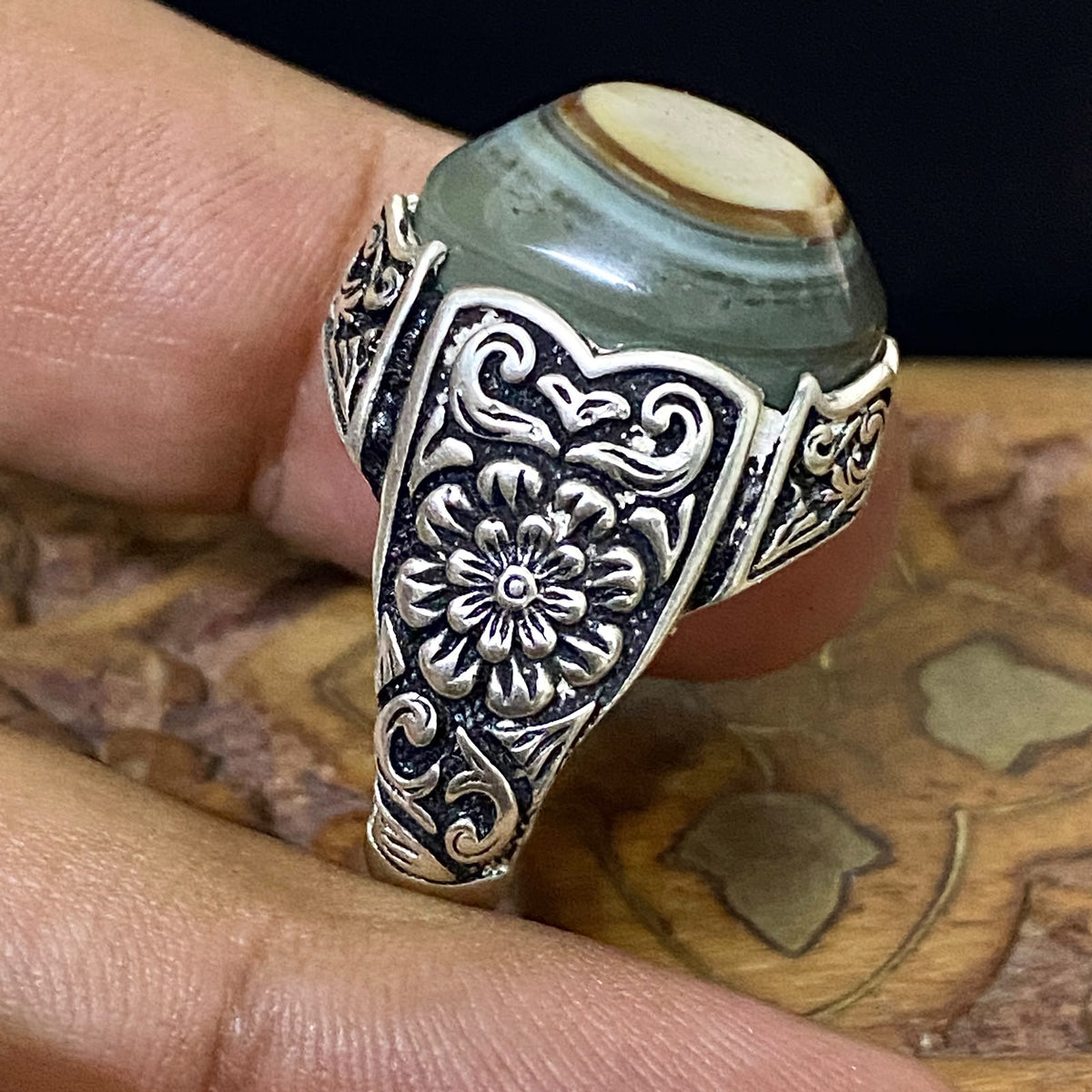 Natural Handcrafted 925 Sterling Silver Mens Ring Genuine Yemeni Baqirani Eye Aqate Gemstone Fine Jewelry Vintage Design