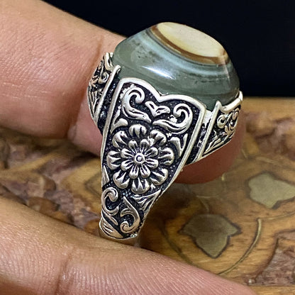 Natural Handcrafted 925 Sterling Silver Mens Ring Genuine Yemeni Baqirani Eye Aqate Gemstone Fine Jewelry Vintage Design