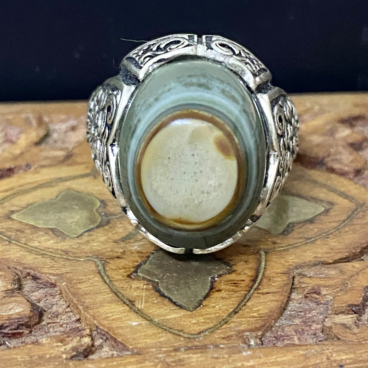 Natural Handcrafted 925 Sterling Silver Mens Ring Genuine Yemeni Baqirani Eye Aqate Gemstone Fine Jewelry Vintage Design