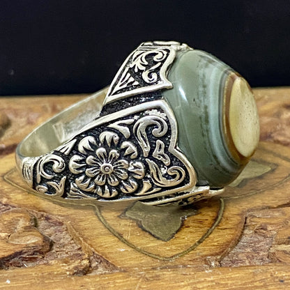 Natural Handcrafted 925 Sterling Silver Mens Ring Genuine Yemeni Baqirani Eye Aqate Gemstone Fine Jewelry Vintage Design