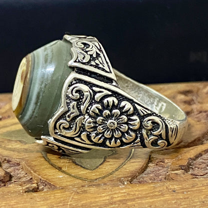 Natural Handcrafted 925 Sterling Silver Mens Ring Genuine Yemeni Baqirani Eye Aqate Gemstone Fine Jewelry Vintage Design