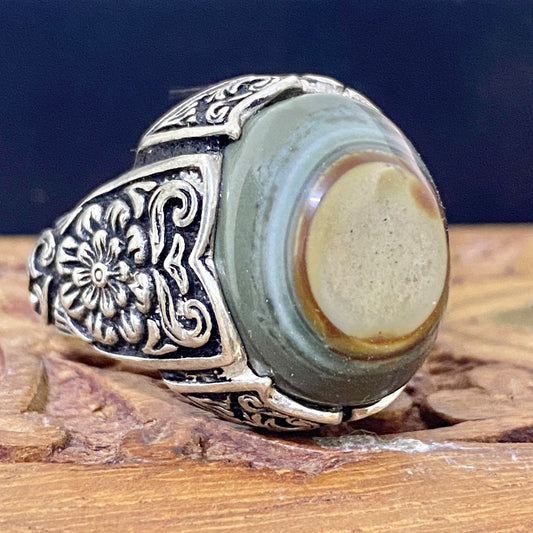Natural Handcrafted 925 Sterling Silver Mens Ring Genuine Yemeni Baqirani Eye Aqate Gemstone Fine Jewelry Vintage Design