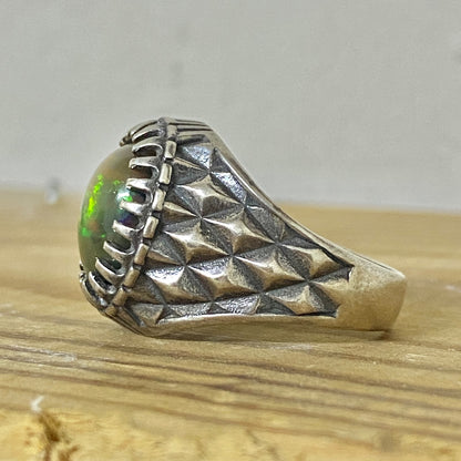 Natural Multi-Color Fire Opal Mens Ring | Genuine Full Fire Opal 925 Sterling Silver Handcrafted Vintage Fine Jewelry