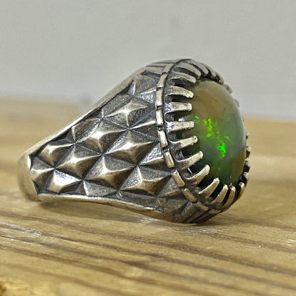 Natural Multi-Color Fire Opal Mens Ring | Genuine Full Fire Opal 925 Sterling Silver Handcrafted Vintage Fine Jewelry