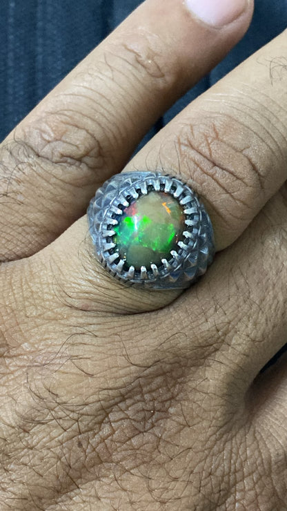 Natural Multi-Color Fire Opal Mens Ring | Genuine Full Fire Opal 925 Sterling Silver Handcrafted Vintage Fine Jewelry