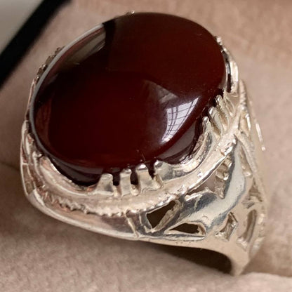 Handmade Men’s Yemeni Aqeeq Agate Ring – Genuine 925 Sterling Silver