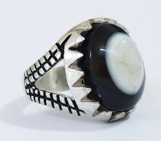 Natural Yemeni Black and White Banded Agate Mens Ring | 925 Sterling Silver جزع بقراني