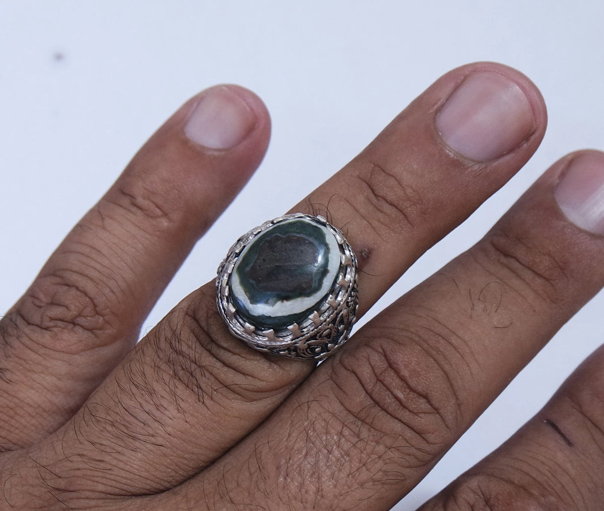 Handmade 925 Sterling Silver Mens Ring Natural Yemeni Eye Agate Baqarani Aqeeq