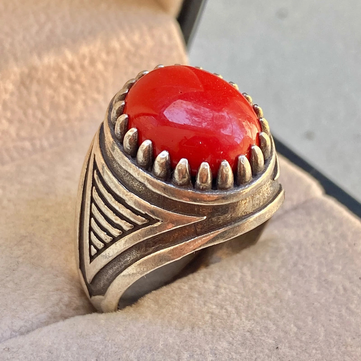 Handmade Yemeni Red Coral Mens Ring | 925 Sterling Silver Gemstone Gift for Him