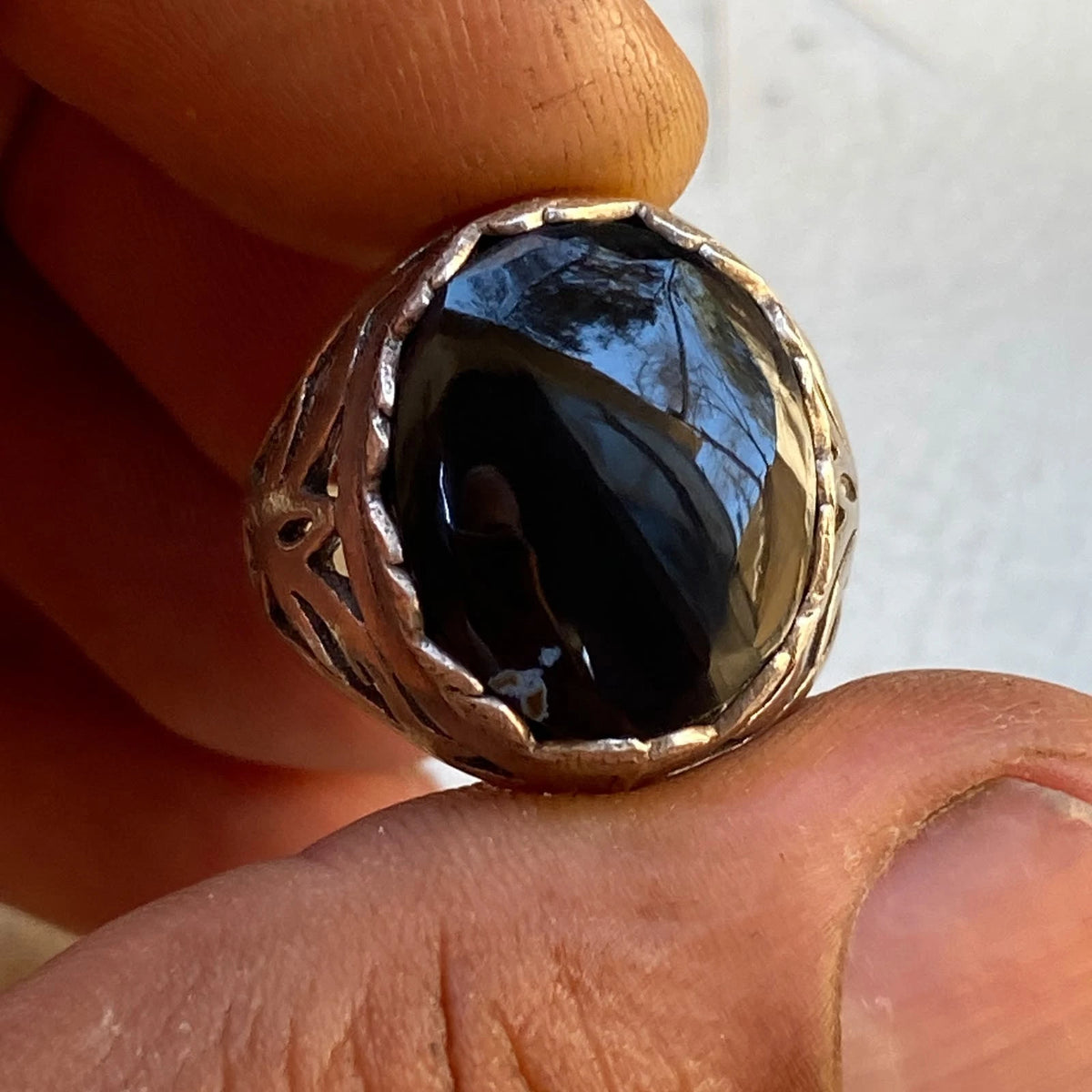 Authentic Yemeni Kapidy Black Agate Mens Ring | Genuine Aqeeq 925 Sterling Silver Handcrafted Vintage Middle Eastern Fine Jewelry