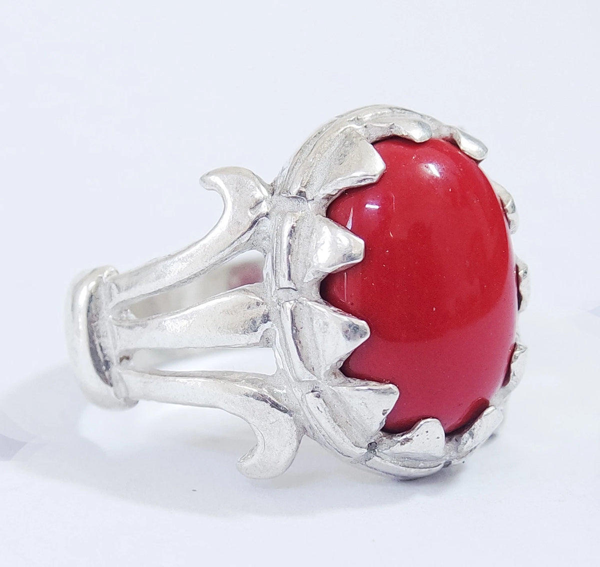 Natural Yemeni Red Coral Mens Ring | Vintage Middle Eastern 925 Sterling Silver