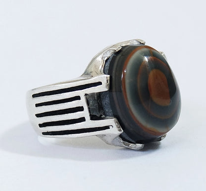 Natural Yemeni Bovine Bull Eye Agate Mens Ring | 925 Sterling Silver (Size 10 US)